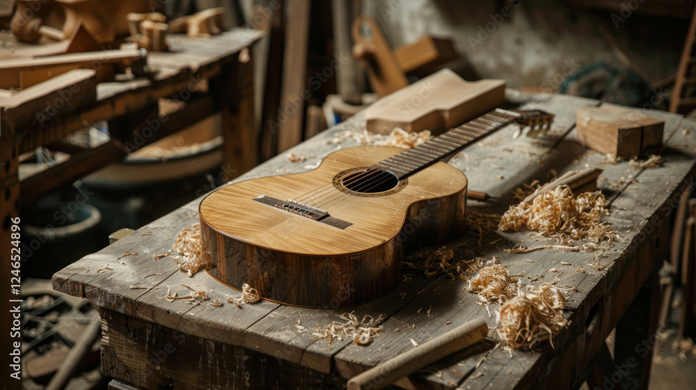 The step-by-step process of crafting a guitar, showcasing wood selection, shaping, sanding, and final polishing in a traditional workshop The step-by-step process of crafting a guitar, showcasing wood selection, shaping, sanding, and final polishing in a traditional workshop