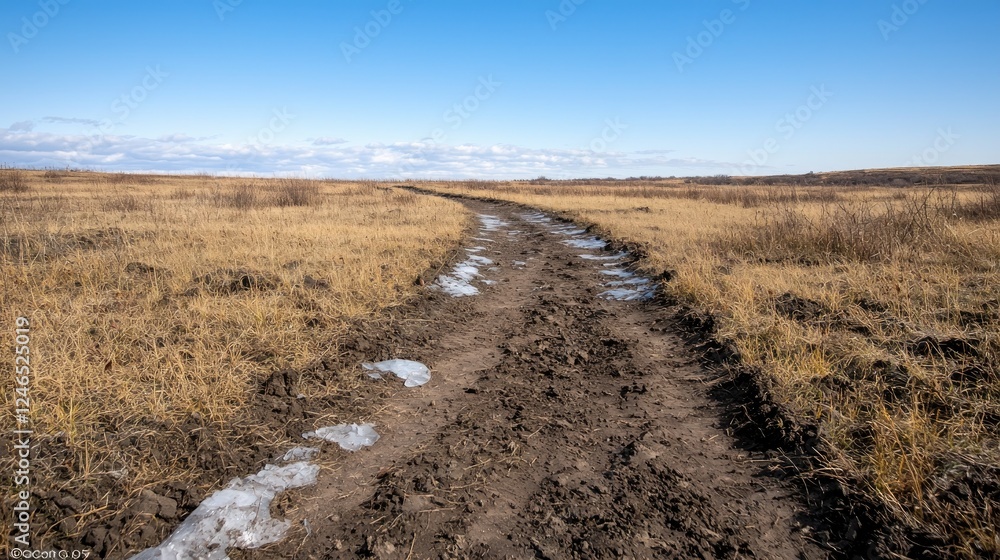 Muddy track across winter field, clear sky. Landscapes use Muddy track across winter field, clear sky. Landscapes use