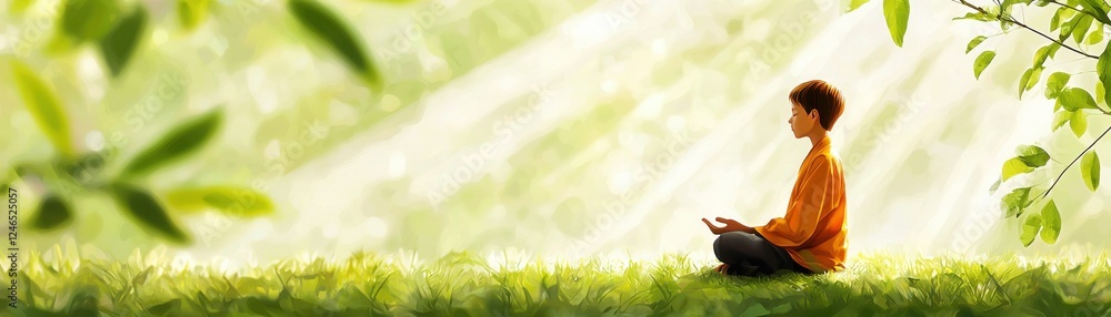 Obraz premium A serene scene of a person meditating in nature, surrounded by green foliage and soft sunlight filtering through the trees.