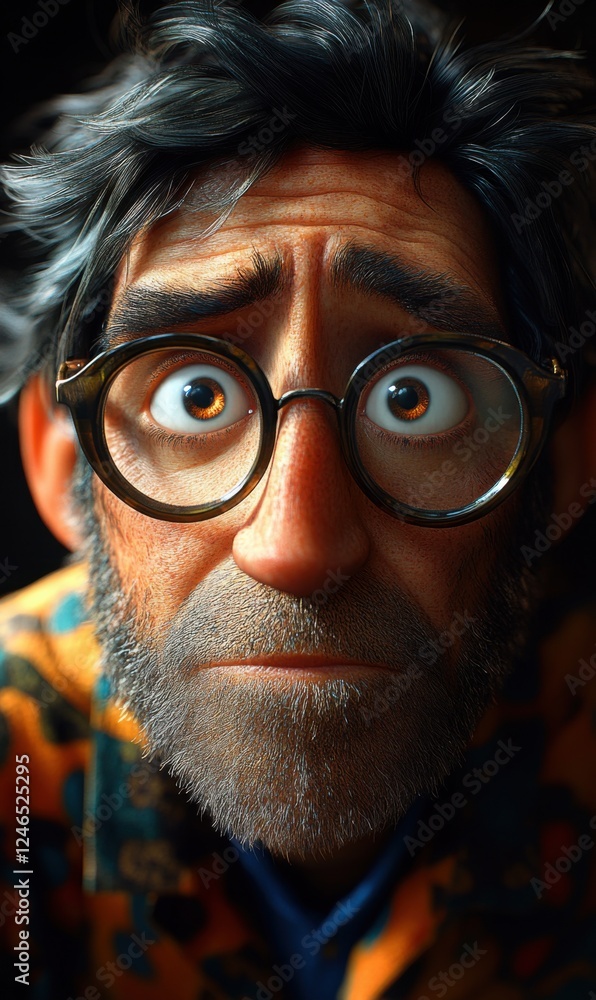 Unique character with expressive eyes in vivid patterned shirt Unique character with expressive eyes in vivid patterned shirt