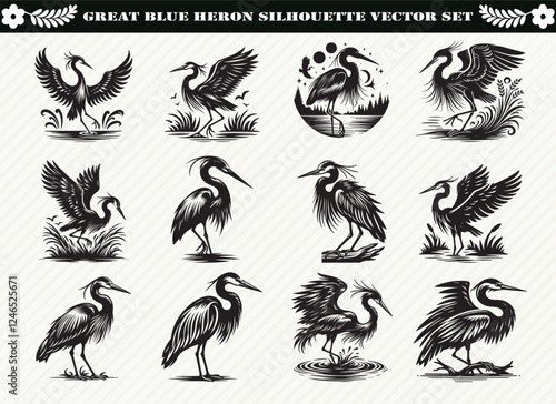 Great Blue Heron Silhouette Vector Set