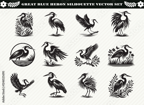 Great Blue Heron Silhouette Vector Set