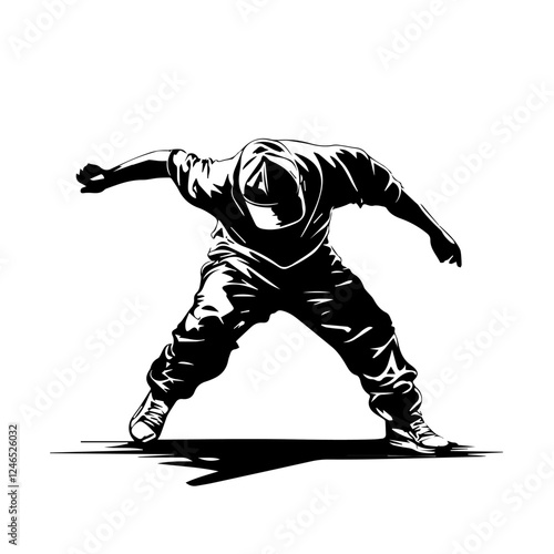 Black and white illustration breakdancer. Guy breakdancing. Freestyle dancer.