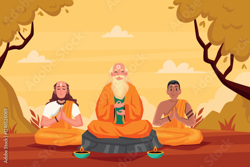 Three Monks Meditating in Nature
