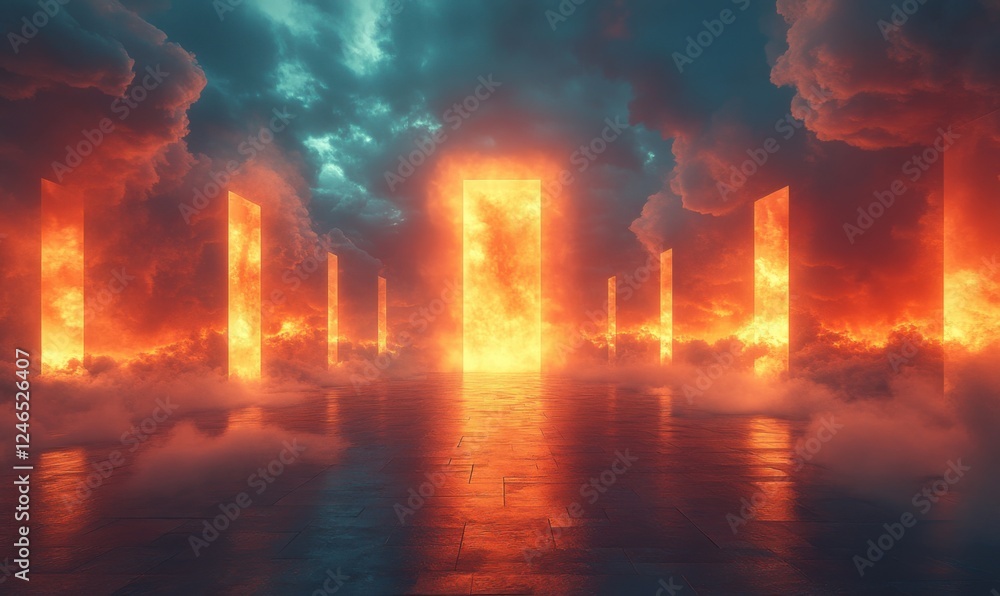 Mystical glowing portals emerge from a fiery landscape at twilight Mystical glowing portals emerge from a fiery landscape at twilight