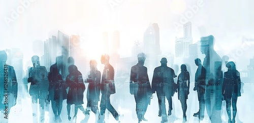 Double exposure of a diverse group of business professionals with a light blue cityscape backdrop. Abstract business concept blending urban environment with people, with soft light rays and shadow