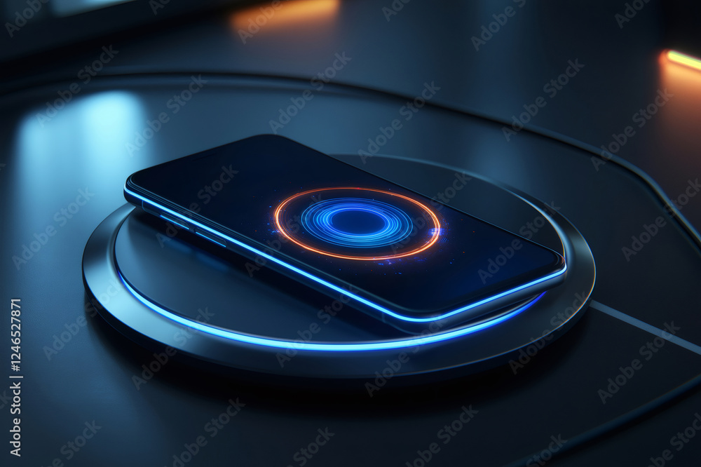 Wireless charging of a smartphone on a round induction charger with glowing blue and orange circles on a dark surface Wireless charging of a smartphone on a round induction charger with glowing blue and orange circles on a dark surface