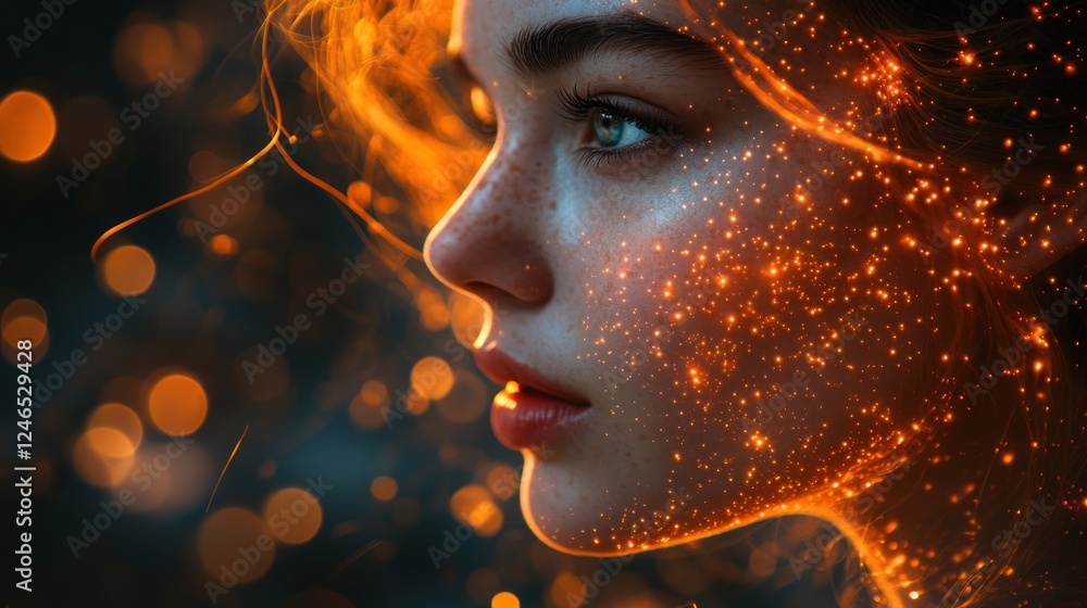 Fiery-haired woman, profile, bokeh background, fantasy art, advertising Fiery-haired woman, profile, bokeh background, fantasy art, advertising