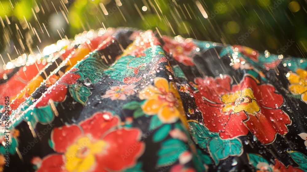 Fototapeta premium Thai Songkran Festival: Vibrant Floral Fabric with Water Droplets in Motion, Capturing Joy and Renewal