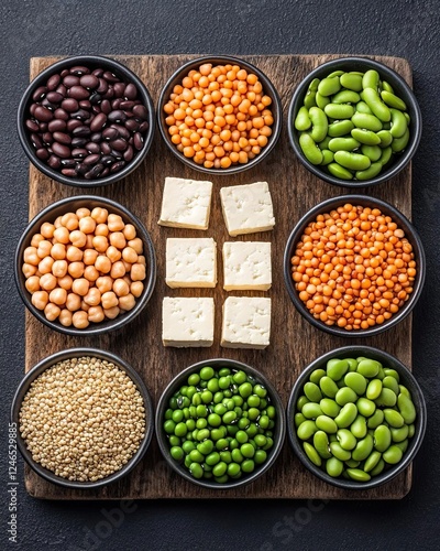 A vibrant flat lay of plantbased protein sources including tofu cubes, chickpeas, lentils, quinoa, black beans, and edamame, arranged in neat sections on a rustic wooden board
