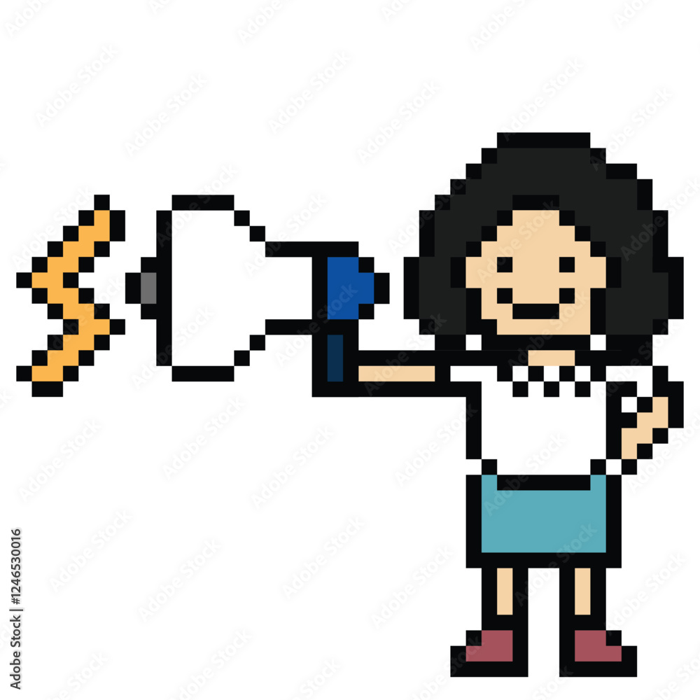Fototapeta premium Cute pixel cartoon character woman with megaphone announcement speaker information announce decoration 8 bit female girl lady megaphone cartoon pixel game png vector.