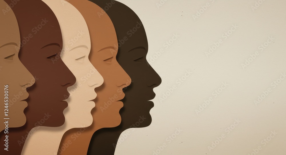 An artistic arrangement of paper cut textured human profiles in side view An artistic arrangement of paper cut textured human profiles in side view
