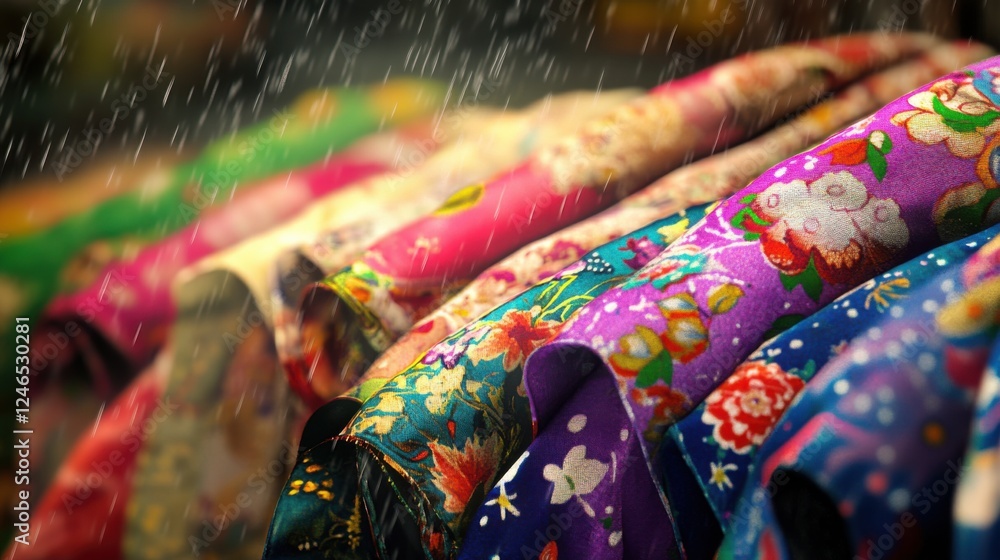 Fototapeta premium Thai Songkran Festival: Vibrant Floral Fabric with Water Droplets in Motion, Capturing Joy and Renewal