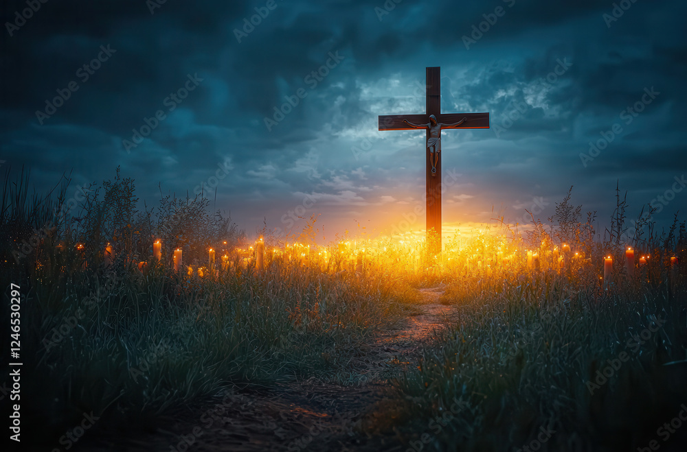 Naklejka premium A serene landscape featuring a wooden cross illuminated by glowing lights, set against a dramatic sky, symbolizing hope and spirituality. Copy space for text