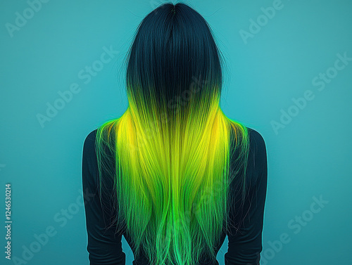 Ultra-long black hair with neon green dip-dye showcases a trendy, rebellious vibe in a cinematic shot against a vibrant backdrop photo