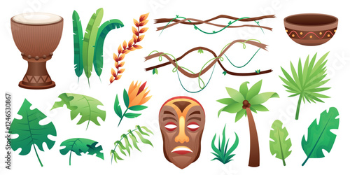 Tropical Elements Collection with Drum and Tribal Mask