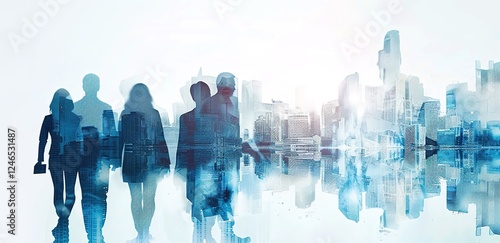 Double exposure of a diverse group of business professionals with a light blue cityscape backdrop. Abstract business concept blending urban environment with people, with soft light rays and shadow