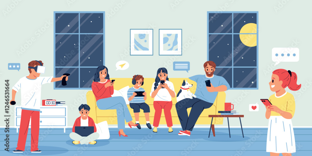 Fototapeta premium Family Engaging with Technology in a Cozy Living Room