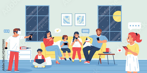 Family Engaging with Technology in a Cozy Living Room