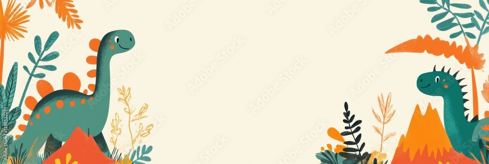 Obraz premium Colorful cartoon dinosaurs among tropical plants on beige background