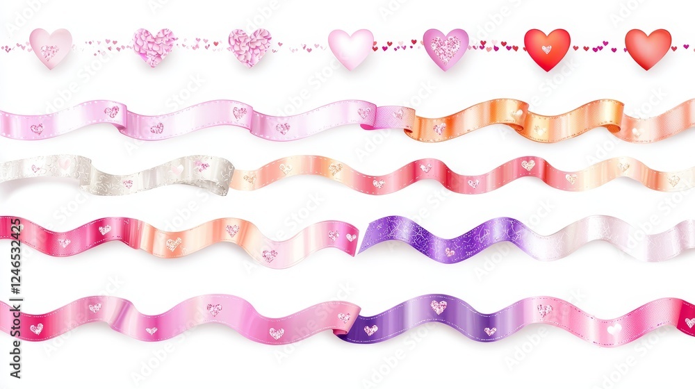 Romantic ribbon collection with heart embellishments and shimmering designs, isolated cleanly on a white background for a modern look Romantic ribbon collection with heart embellishments and shimmering designs, isolated cleanly on a white background for a modern look