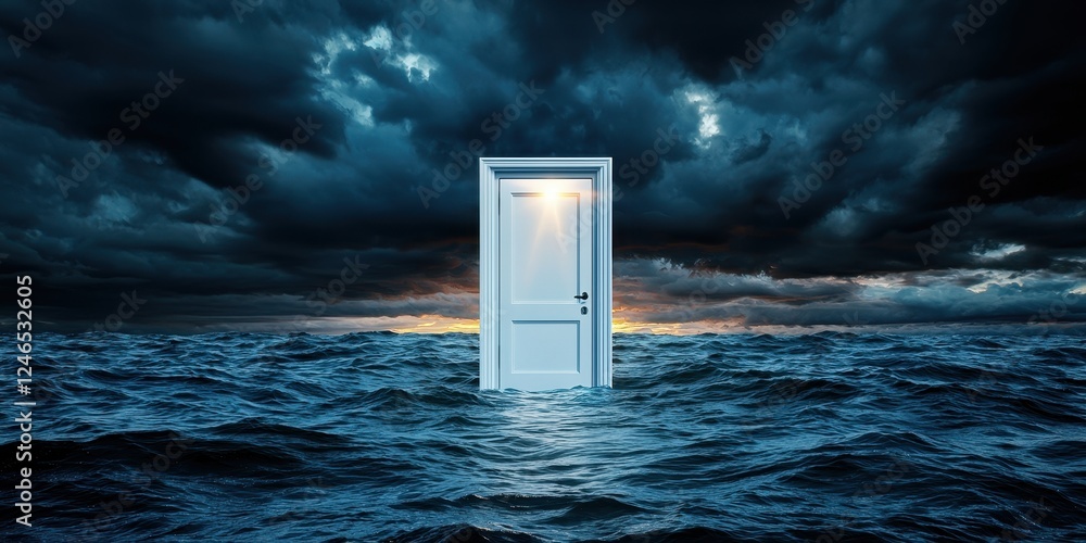 A surreal door stands open amidst turbulent waters under a dark, stormy sky. A surreal door stands open amidst turbulent waters under a dark, stormy sky.