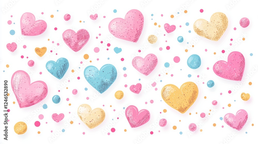 Cute and playful set of kiss marks, pastel hearts, and small neon-themed elements arranged randomly on a white background Cute and playful set of kiss marks, pastel hearts, and small neon-themed elements arranged randomly on a white background