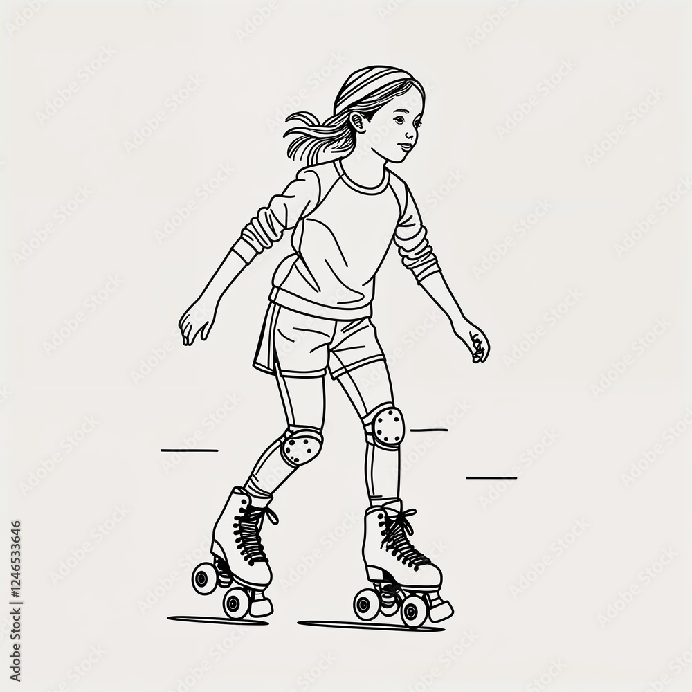 Fototapeta premium Child Female roller skating image in a simple hand drawing flat line design on plain white background