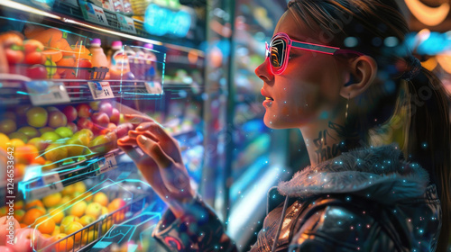 Woman grocery shopping with a futuristic touch and innovative designs, highly detailed and vibrant, realistic yet creative depiction, emphasizing context and action