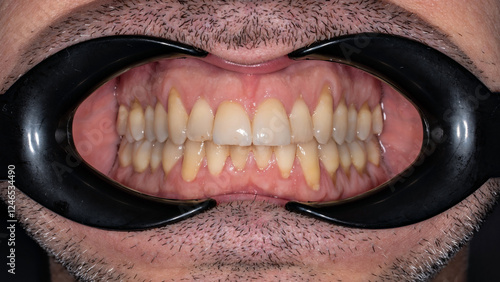 Pigmented plaque on permanent teeth close-up . Front view of human teeth. Permanent teeth in the mouth. Stage of professional oral hygiene. Frenulum of the upper lip.
