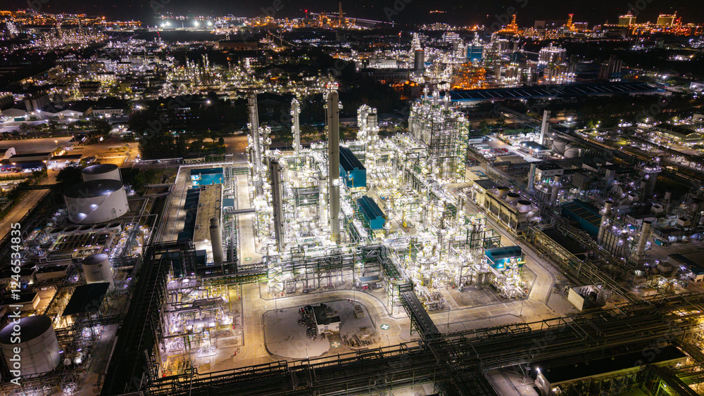 Fototapeta premium Illuminated Industrial Refinery at Night