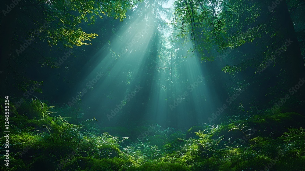 Sunbeams in misty forest; tranquil nature scene; ideal for backgrounds Sunbeams in misty forest; tranquil nature scene; ideal for backgrounds