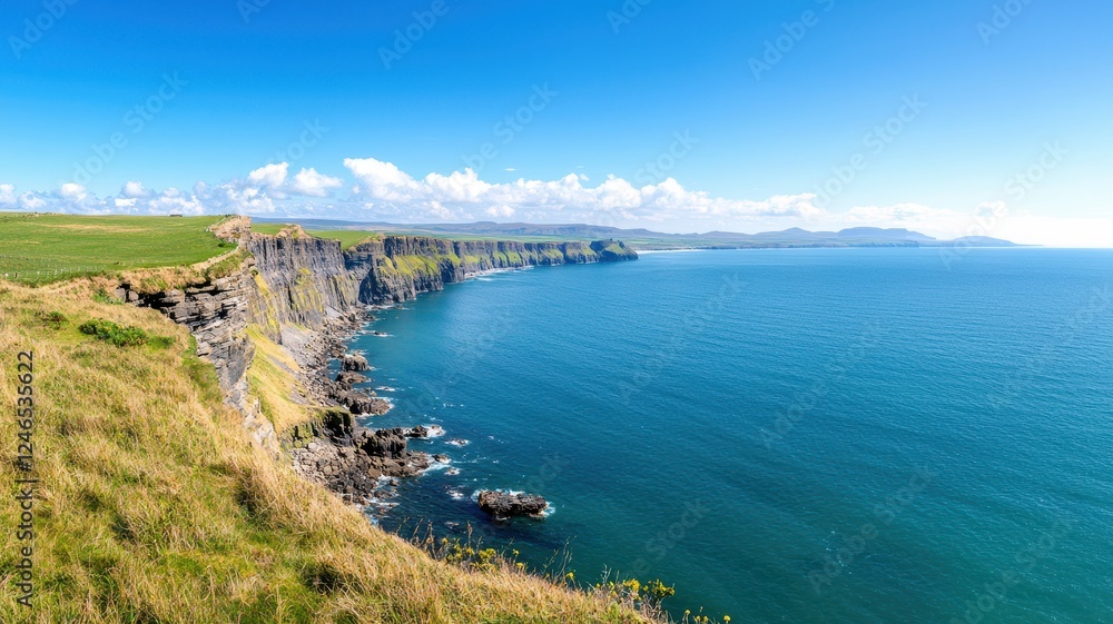 A scenic coastal view with cliffs, lush greenery, and a clear blue sky over the ocean. A scenic coastal view with cliffs, lush greenery, and a clear blue sky over the ocean.
