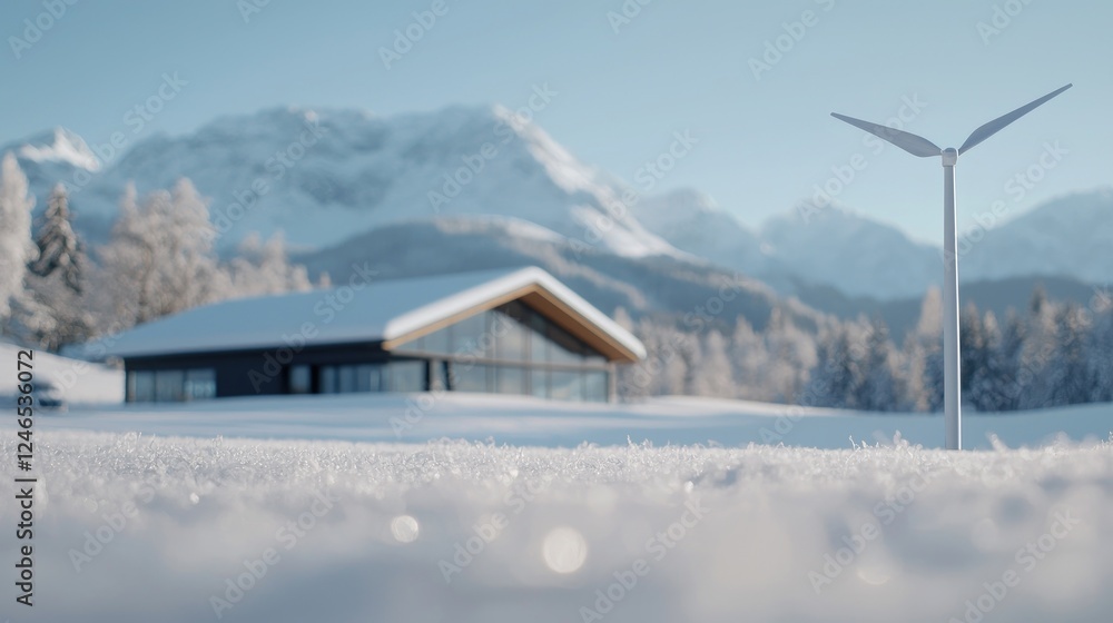 Snowy mountain home, wind turbine, winter landscape Snowy mountain home, wind turbine, winter landscape