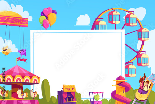 Colorful Amusement Park Scene with Blank Frame