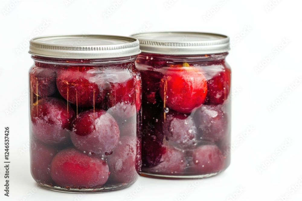 Canned plums display vibrant color and tempting texture on a clean white background in a professional studio setting Canned plums display vibrant color and tempting texture on a clean white background in a professional studio setting