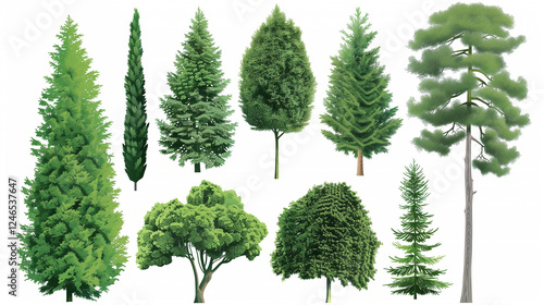 A collection of trees in various sizes and shapes, including a large tree with a thick trunk and many branches