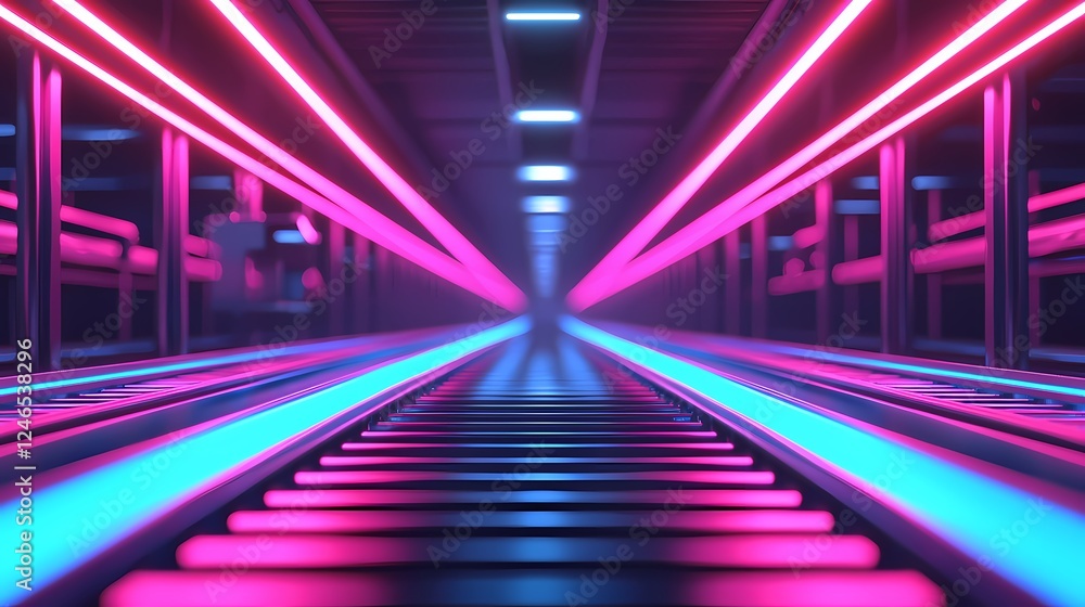 Fototapeta premium A futuristic corridor illuminated by vibrant pink and blue neon lights, creating a visually striking perspective.