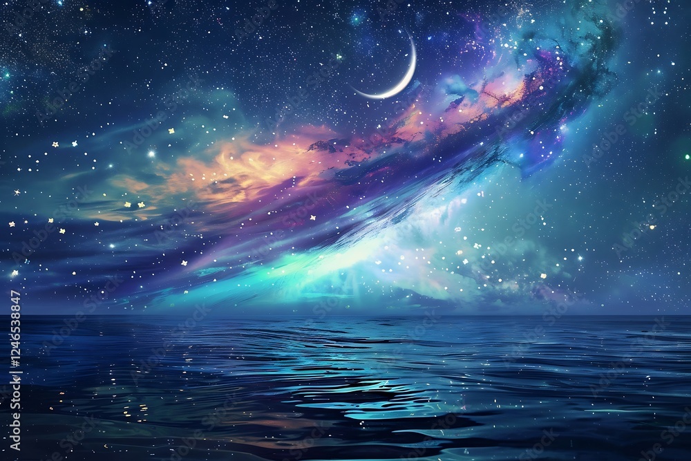 Obraz premium Beautiful night sky with clouds and stars over the sea.