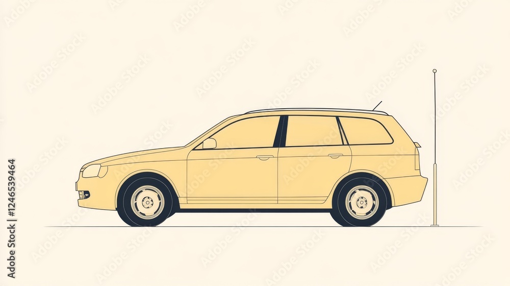 Yellow station wagon parked, side view, simple background, illustration Yellow station wagon parked, side view, simple background, illustration