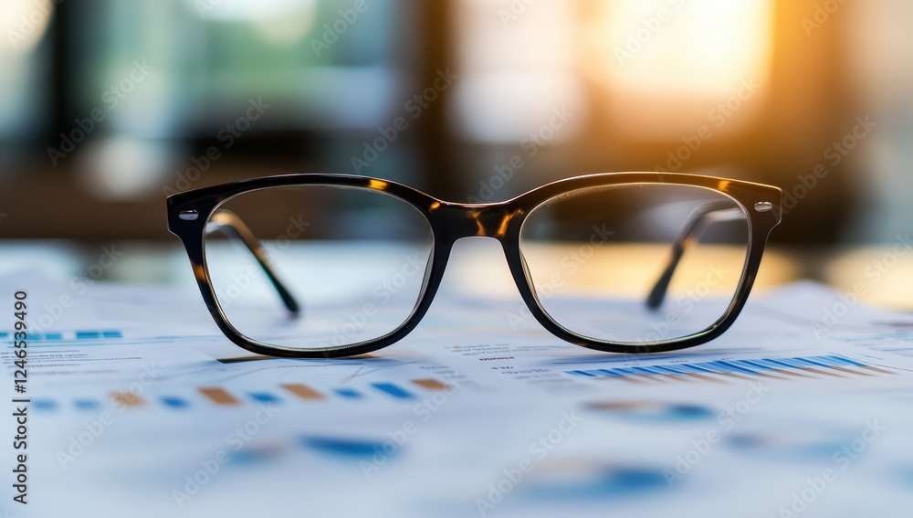 Business Documents with Glasses and Financial Graphs on Office Desk Business Documents with Glasses and Financial Graphs on Office Desk