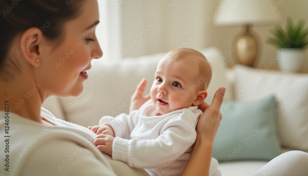 Mother gently cradling baby in cozy living room, nurturing bond Mother gently cradling baby in cozy living room, nurturing bond