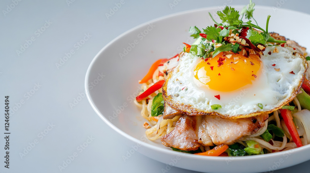 delicious bowl of stir fried noodles topped with sunny side up egg, garnished with fresh cilantro and chili flakes, showcasing vibrant vegetables and succulent pork slices delicious bowl of stir fried noodles topped with sunny side up egg, garnished with fresh cilantro and chili flakes, showcasing vibrant vegetables and succulent pork slices