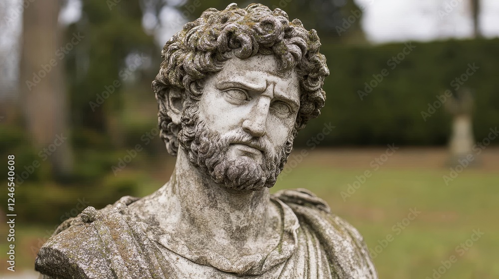 Weathered Stone Bust of Roman Emperor in Garden Setting Weathered Stone Bust of Roman Emperor in Garden Setting