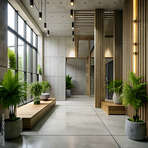Modern Lobby Interior Design. Concrete. Wood. and Plants