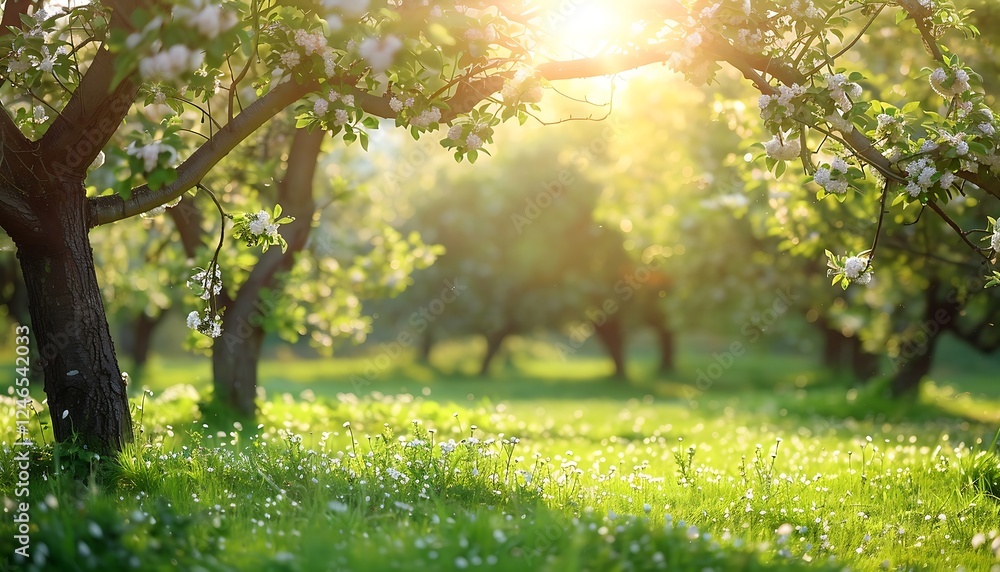 Blossoming apple orchard in the rays of the setting sun Blossoming apple orchard in the rays of the setting sun