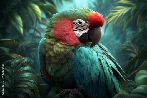 A 3D-rendered depiction of a parrot with highly detailed feathers, perched in a tropical rainforest with vibrant lighting