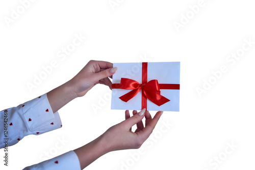 gift certificate in red and white colors in female hands isolated; png;