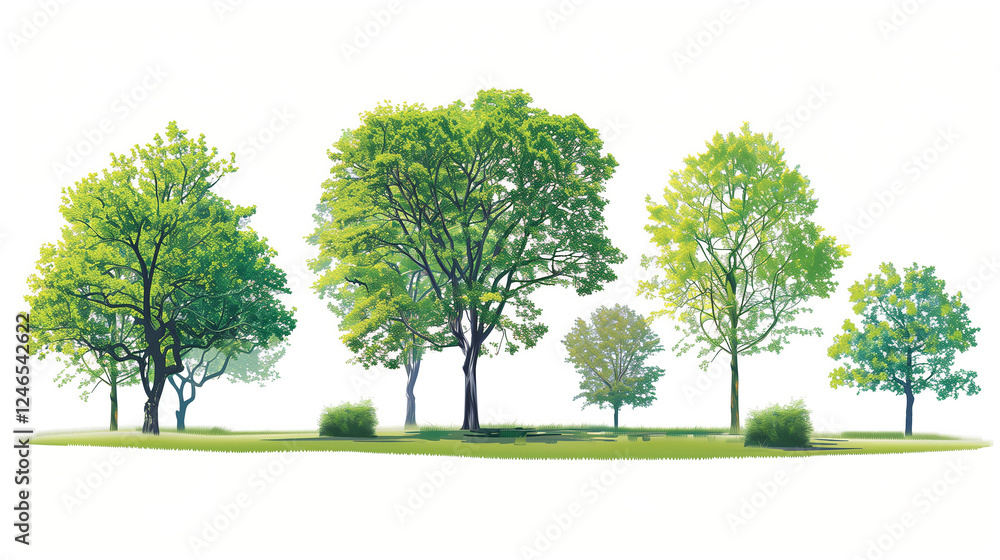 A collection of trees in various sizes and shapes, including a large tree with a thick trunk and many branches A collection of trees in various sizes and shapes, including a large tree with a thick trunk and many branches