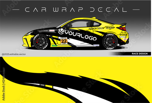 Car wrap design for Race car. Livery decal racing. Template design logo sponsor space. Yellow black colour